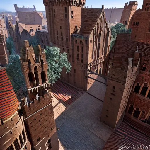 Prompt: Aerial long shot of epic medieval city of epic stone-brick buildings with european arched doorways, crenellated balconies, wood ornaments, flagpoles, tiny ornate windows, planned by Syd Mead, Arnold Render, Quixel Megascans