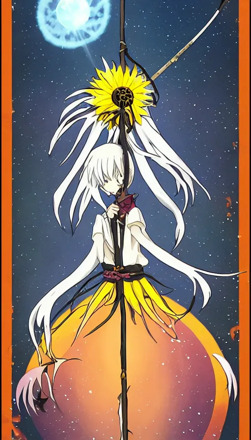 Prompt: the being death as a cute anime girl with a giant cute sun flower scythe from a studio ghibli film inspired by the death tarot card, dark ambiance