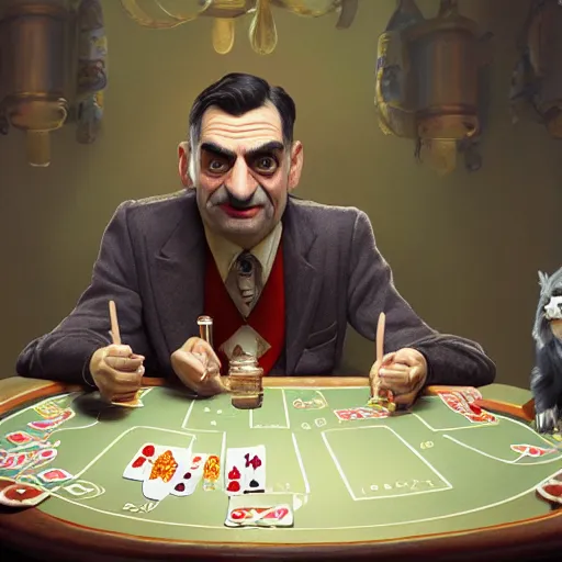 Image similar to a highly detailed matte portrait mister bean playing poker with dogs, standing at a card table, art by artgerm and greg rutkowski and alphonse mucha, volumetric lighting, octane render, 4 k resolution, trending on artstation, masterpiece