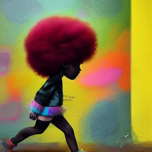 Prompt: a black girl with a colorful afro and big cute eyes walking in a cyberpunk street, low angle shot, cinematic, colorful, trending on artstation, bright colors, watercolor, volumetric wool felting, felt, macro photography, children illustration, by goro fujita