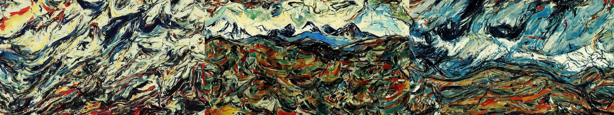 Prompt: lakeside mountains, by jackson pollock