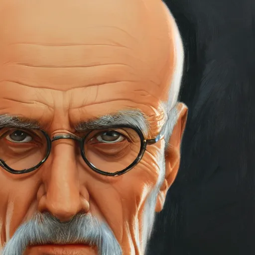 Image similar to close-up, symmetrical, portrait of an old man, hairstyle bald, wearing a suit, marvel art, art by greg rutkowski, matte painting, trending on artstation