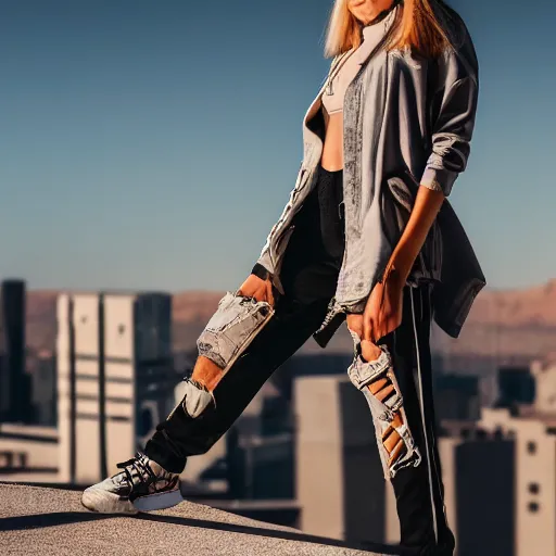 Image similar to photographic portrait of a streetwear woman, closeup, on the rooftop of a futuristic city overlooking a desert oasis, sigma 85mm f/1.4, 4k, depth of field, high resolution, 4k, 8k, hd, full color