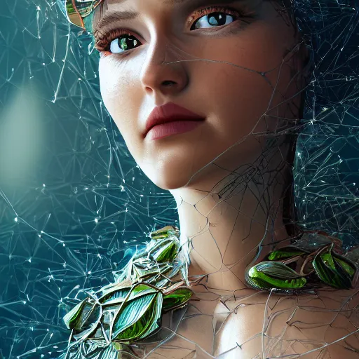 Prompt: a highly detailed digital image of a futuristic woman elegantly wrapped with robotic leaves, by Andrea Chiampo, artstation and Frederik Heyman, extremely detailed woman, stunning volumetric lighting, hyper realism, fantasy 4k