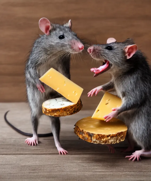 Prompt: high quality presentation photo of vicious anthropomorphic rats with sharp teeth eating cheese, and fighting each other over cheese, photography 4k f1.8 anamorphic bokeh 4k Canon Nikon