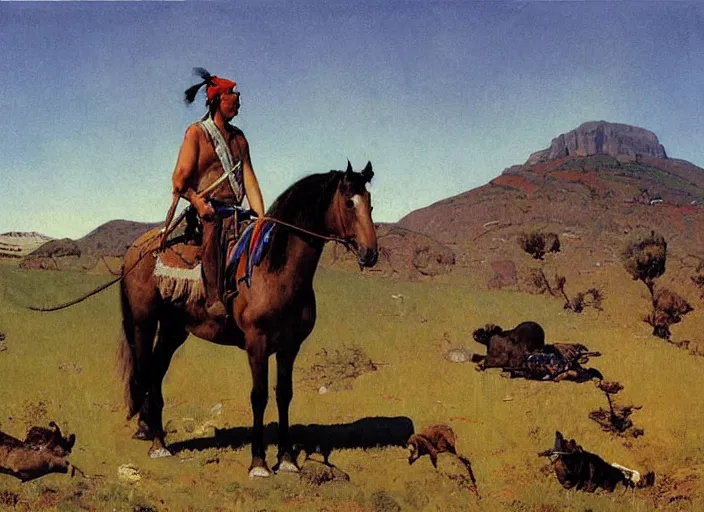 Prompt: western painting, native american sitting on horse on top of hill, wide angle, by norman rockwell