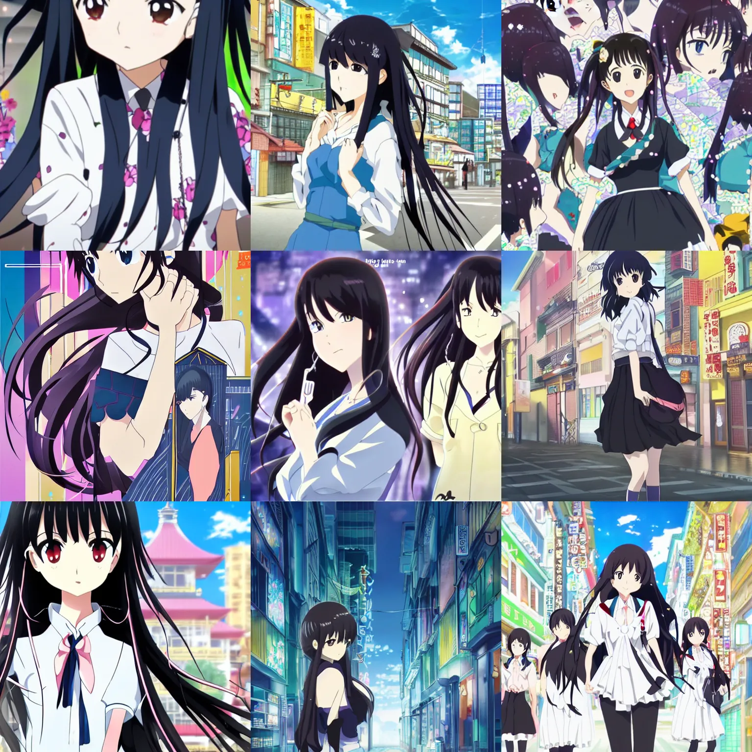 Prompt: black haired girl in city key visual kyoto animation style