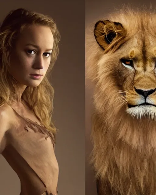 Image similar to annie leibovitz striking headshot of brie larson in rick baker makeup as an anthropomorphic beautiful lioness : hyperreal