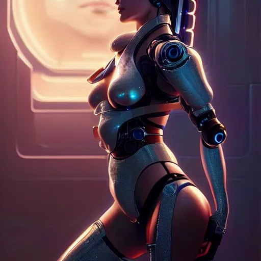 Image similar to a beautiful highly detailed futuristic mechanical woman in seductive confident pose, art by greg rutkowski and mark keathley, cyberpunk, 7 0 mm photo, featured on artstation, 4 k, octane render
