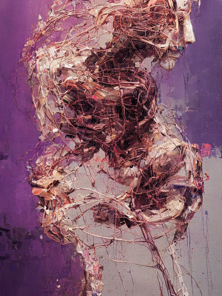 Image similar to a beautiful glitched painting by robert proch of a glitched anatomy study of the human nervous system, color bleeding, pixel sorting, copper oxide material, brushstrokes by jeremy mann, studio lighting, pastel purple background, square glitches