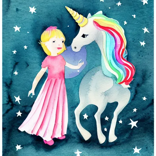 Image similar to girl and unicorn, illustration, cute watercolor children book colorful