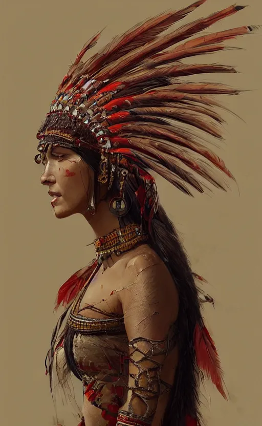 Image similar to gorgeous redskin woman wearing headdress, intricate, elegant, highly detailed, artstation, concept art, smooth, sharp focus, illustration, art by stefan kostic and greg rutkowski