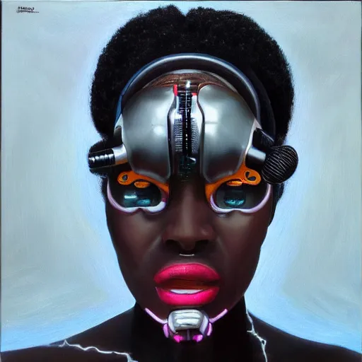 Prompt: a realistic oil painting of a black woman as a cybernetic cyborg, surrealism portrait, surrealism album cover