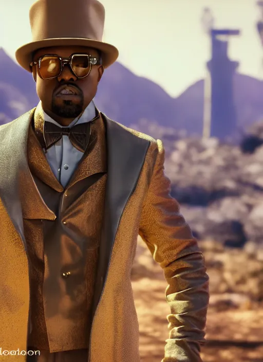 Prompt: Kanye West as willy wonka in fallout new vegas, splash art, movie still, cinematic lighting, dramatic, octane render, long lens, shallow depth of field, bokeh, anamorphic lens flare, 8k, hyper detailed, 35mm film grain