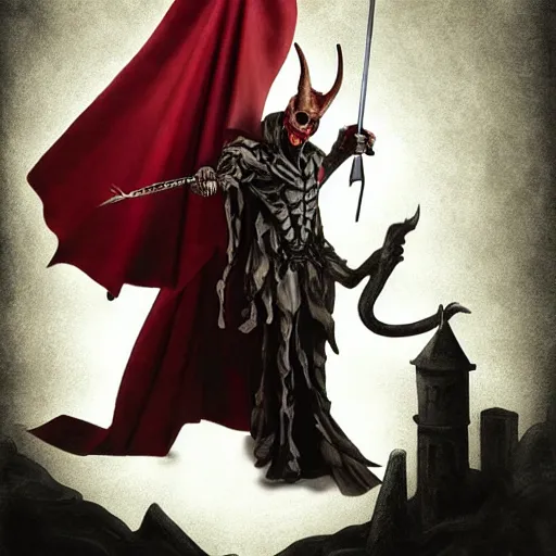 Image similar to by keith mallett, by aleksi briclot poloroid playful. a beautiful photograph of a horned, red - eyed, skeleton - like creature, with a long black cape, & a staff with a snake wrapped around it, standing in front of a castle atop a cliff.