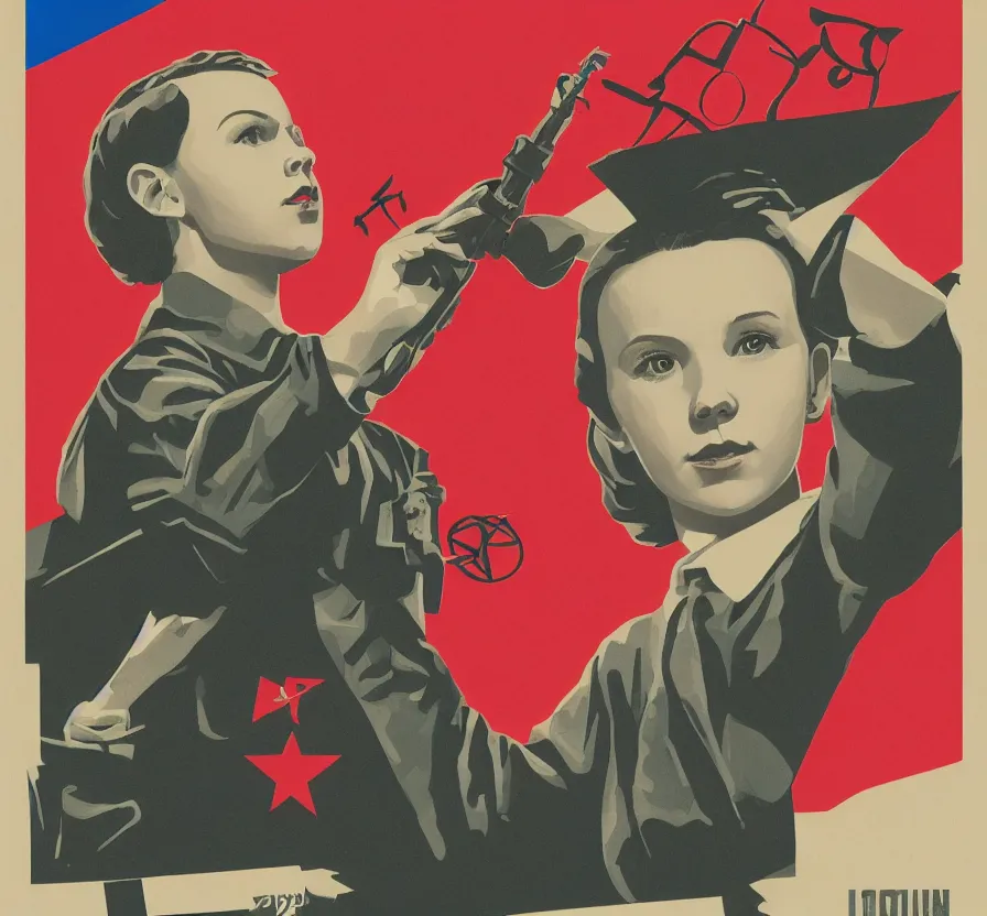 Image similar to millie bobby brown, propaganda, poster, revolution, communist, high detail, year 1 9 4 4, russian letters, lenin, trending on artstation, illustration, by maria zolotukhina