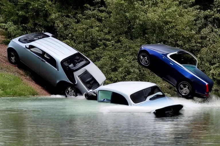 Image similar to Group of teenagers push Rolls-Royce into lake from small slide