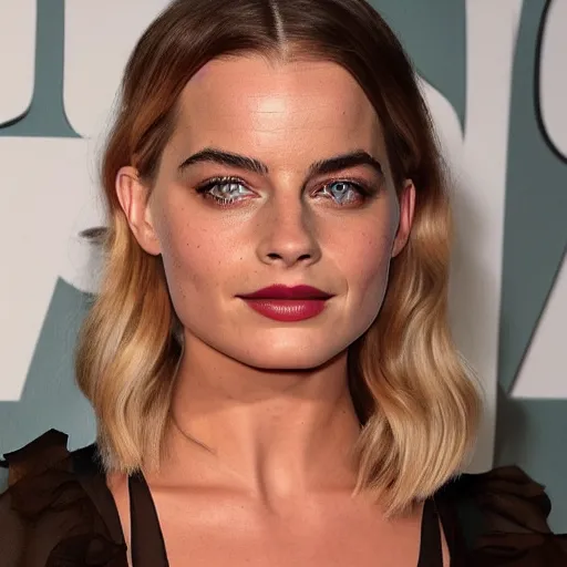 Image similar to a woman who is a genetic combination of margot robbie and emma watson face and upper - body focus