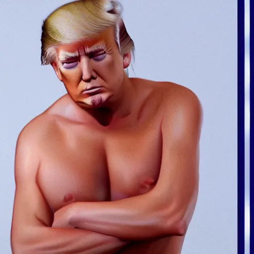 Image similar to hyper realistic photo of donald trump as a playboy model bending over, proportional body