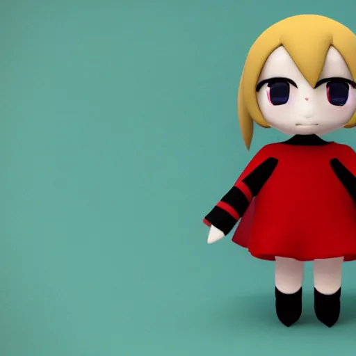 Image similar to cute fumo plush of a girl with a distinctive character silhouette, red squares on black, cel shaded pbr, vray
