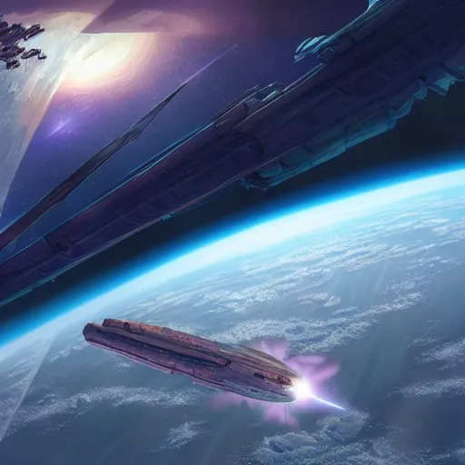 Image similar to Immense space ship in orbit above earth artwork by tyler edlin