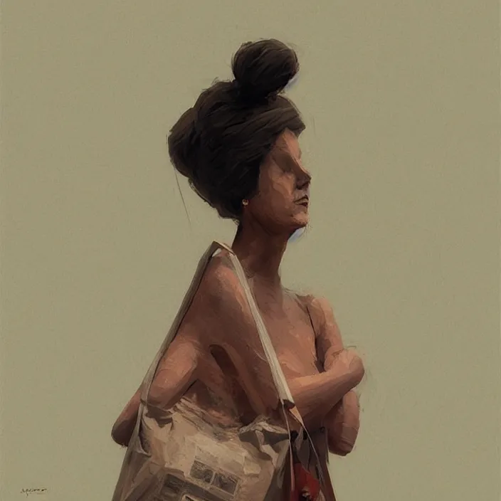 Image similar to woman portrait with a paper bag over the head, highly detailed, artstation, art by ian mcque, ilya kuvshinov, zdislav beksinski, wayne barlowe, edward hopper