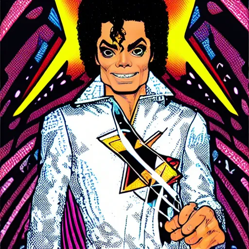 Image similar to dynamic macro head portrait of beautifu michael jackson super hero in white sequined jacket by john romita sr and cory walker and ryan ottley and jack kirby and barry windsor - smith, comic, illustration, photo real