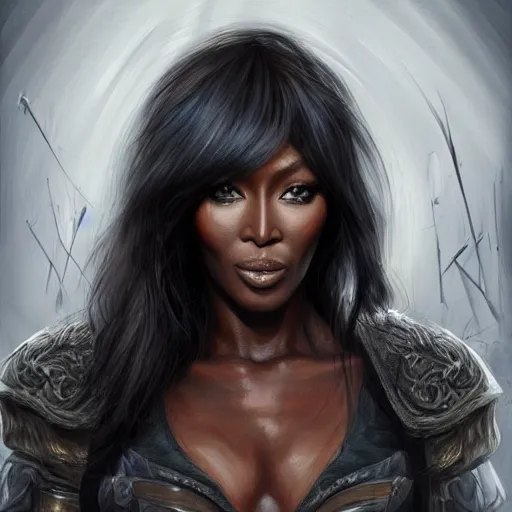 Image similar to beautiful, very strong, naomi campbell, middle aged, face, no makeup, no tattoos, warrior, battle hardened, head shot, fantasy, highly detailed, digital painting, artstation, concept art, sharp focus, illustration, art by jodie muir and brom