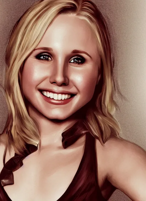 Image similar to portrait of kristen bell winking at the camera and biting her lips, intricate, elegant, highly detailed, photorealistic, trending on artstation, digital art