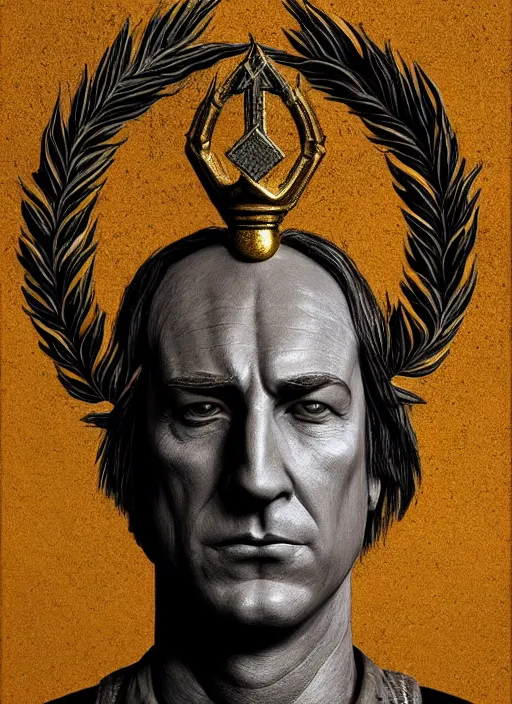 Image similar to symmetry!! portrait of bob odenkirk in cement, with a gold laurel wreath on head, dramatic rendering, fantasy, medieval wear, intricate, elegant, highly detailed, artstation, concept art, smooth, sharp focus, sculpture!!