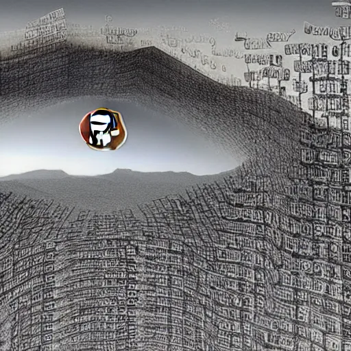 Image similar to a mountain made out of computer screens that display bitcoin logos, cinematic, post - apocalyptic landscape, harsh contrast lighting, in the style of surrealism, made by salvador dali