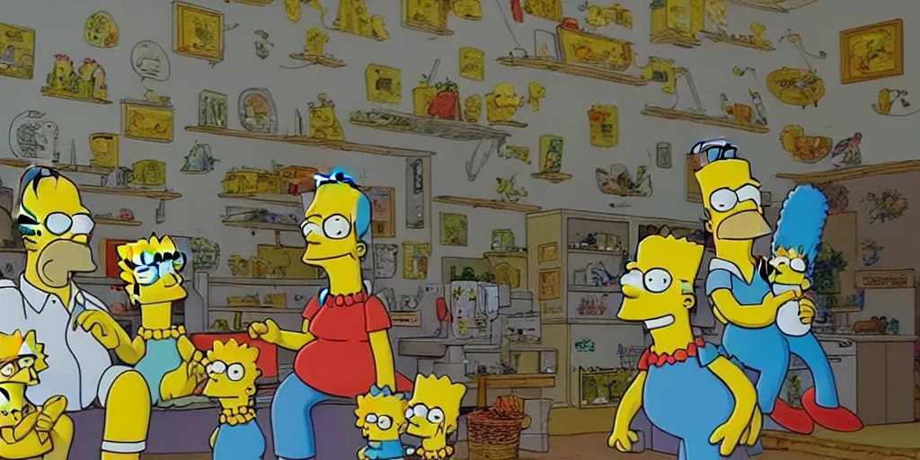 Prompt: the simpsons in a house made of lemons, they all have really long legs, smurfs