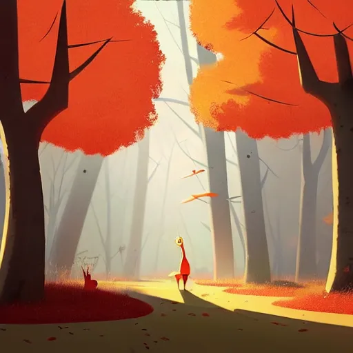 Image similar to goro fujita ilustration a forest full of leaves on the ground, tall autumn trees that let in small streaks of light to the ground, painting by goro fujita, sharp focus, highly detailed, artstation