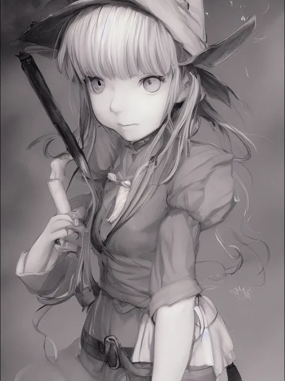 Image similar to Full shot sketch of a cute mischievous young witch about to get up to some trouble. By Range Murata and WLOP and CLAMP and Loish. Lineart only. award winning, Artstation, intricate details, Hyperdetailed, 8k resolution.