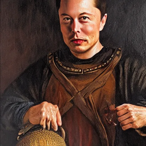 Image similar to elon musk as a smug peasant in medieval times, oil on canvas