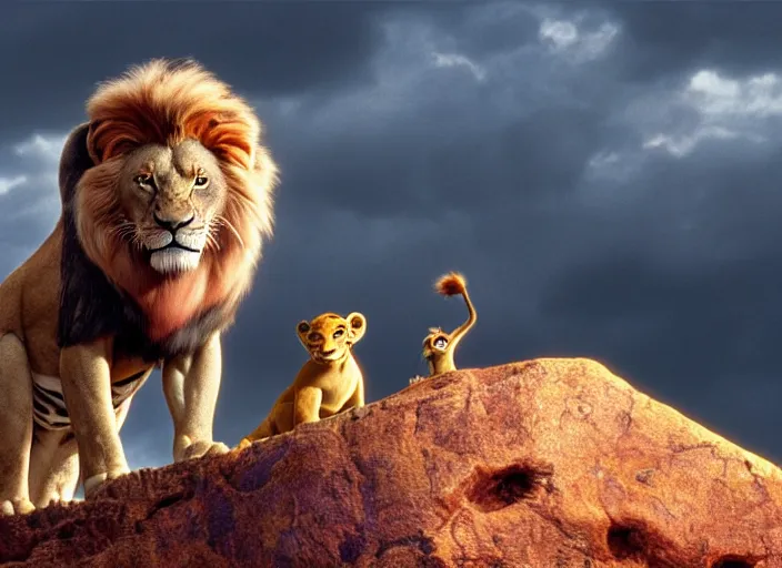 Prompt: screenshot from the lion king (1994), iconic scene, HD remaster, Disney, highly detailed, high quality, detailed fur, simba