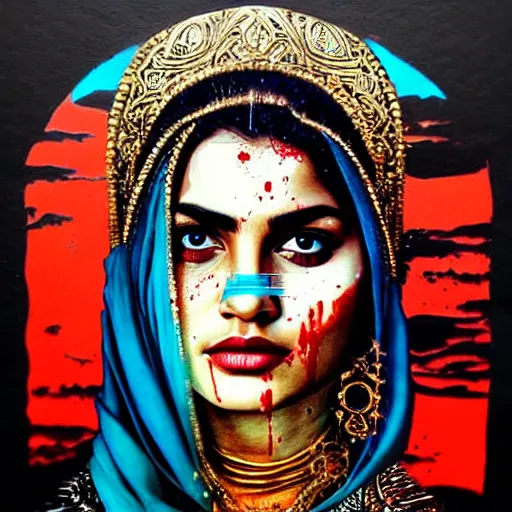 Image similar to portrait of pakistani woman :: side profile :: in ocean :: clockwork details :: gold :: blood and horror :: by vikings and Sandra Chevrier