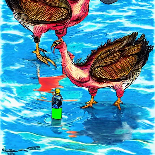 Prompt: two turkey's in africa fighting over water bottle, cartoon art, detailed, colorful, digital painting,