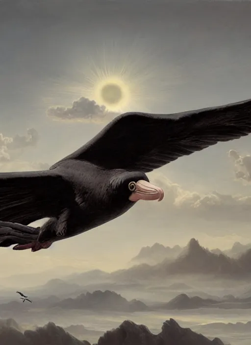 Image similar to a realistic painting of a condor in a cloudy sky, highly detailed, matte painting, fantasy art, beautiful landscape