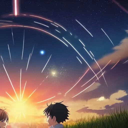 Prompt: a dark night sky with stars, in the style of the anime movie your name, 4 k,