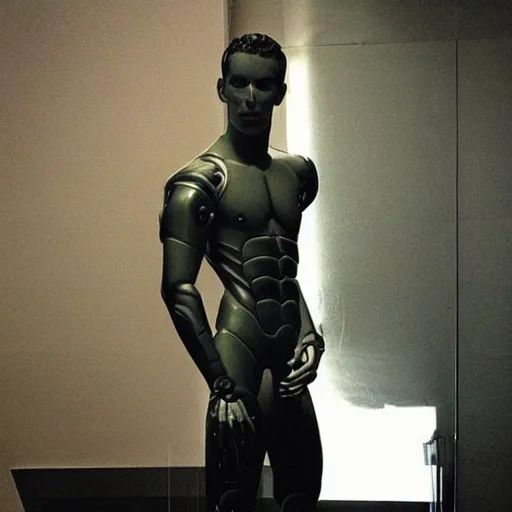 Image similar to “a realistic detailed photo of a guy who is an attractive humanoid who is half robot and half humanoid, who is a male android, Tyler Seguin, shiny skin, posing like a statue, blank stare”
