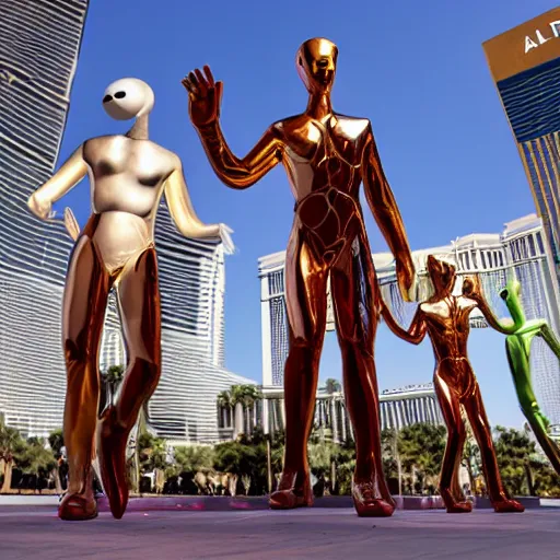 Image similar to actual photography of tall whites aliens walking along the Las Vegas strip, award winning, high def,