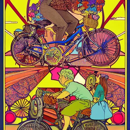 Image similar to hoffman bicycle trip, blotter art, in the style of robert crumb and lisa frank, studio ghibli, mucha, art nuevo, art deco, beautiful nature, serenity, cartoon, realistic, photograph, trending on artstation, vivid, surreal, beautiful, loving athmosphere