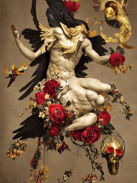 Prompt: a falling icarus with black long wings in the form of a Greek sculpture with a mask in the form of golden bird skull and wreath of flowers, roses in hands, dressed in a flower dress, lie on a red boiled wax, silk, fabric, birds, flowers. baroque elements, human skull. full-length view. baroque element. intricate artwork by caravaggio. many many birds birds on background. Trending on artstation. halo. octane render, cinematic, hyper realism, octane render, 8k, depth of field, bokeh. iridescent accents. vibrant. teal and gold and red colour scheme