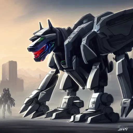 Prompt: hyper realistic, highly detailed cinematic full body shot of a giant mecha canine, sharp claws, sleek armor, glowing visor, charging through city, digital art, furry art, dragon art, zoids art, furaffinity, deviantart