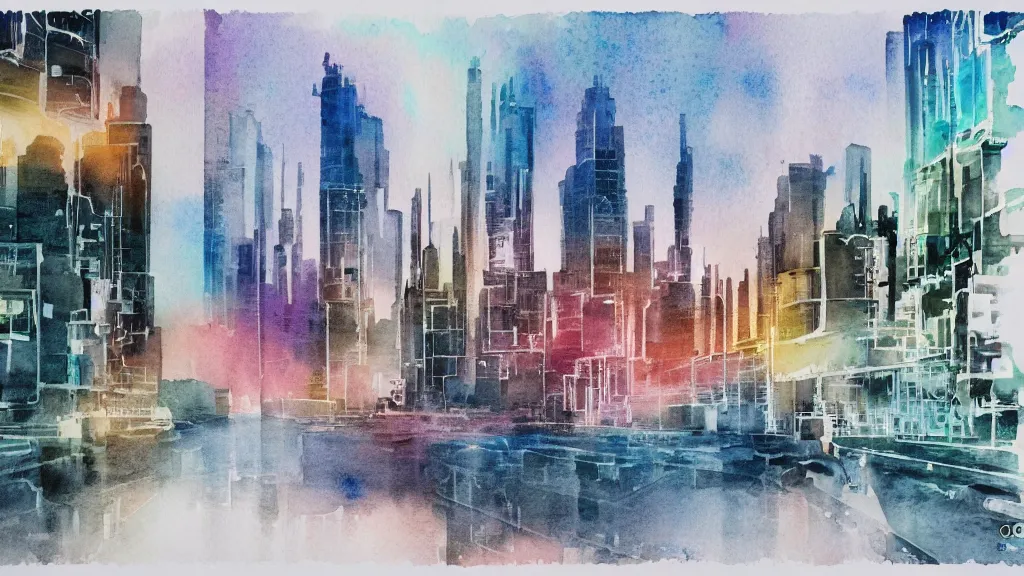 Prompt: watercolor mockup of modern future city, quick aquarelle painting