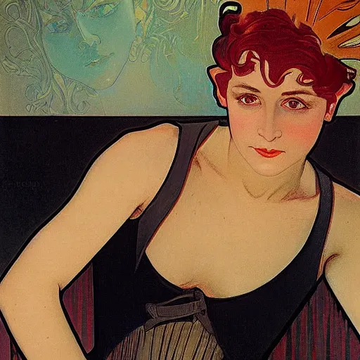 Prompt: portrait of a nonbinary actor with tanned skin and spiky short red hair wearing a men's suit, she has elf ears and gold eyes, by Alphonse Mucha and Grant Wood