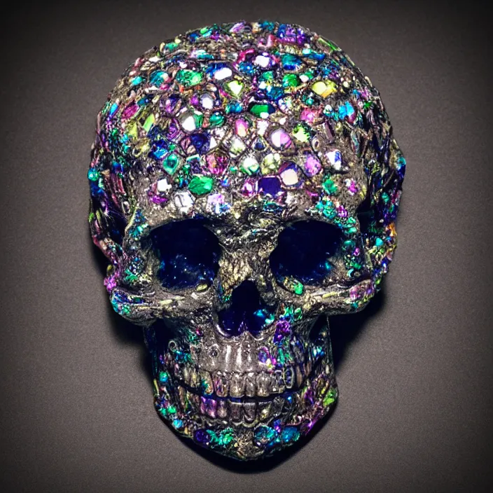 Image similar to jewelry skull made of prismatic crystals, dark background, studio shot