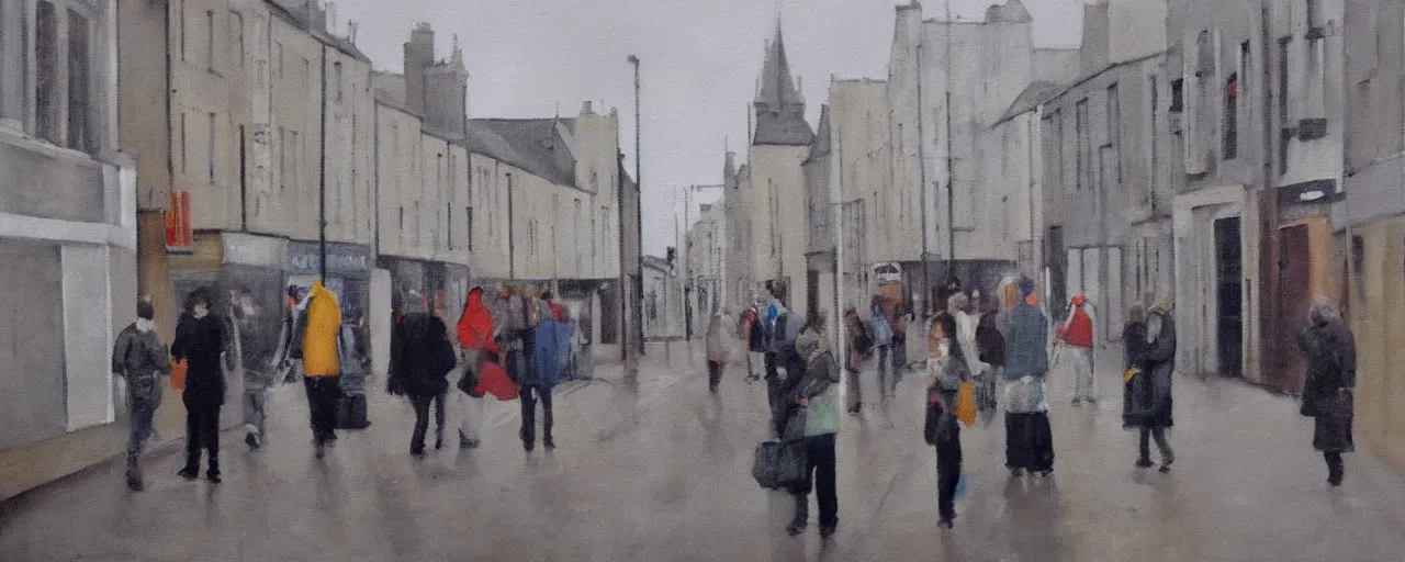 Prompt: a painting of street life in kirkwall orkney, somber, grey, dull, melancholic