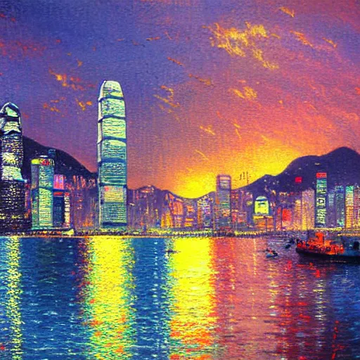 Prompt: hong kong harbour painting by thomas kinkade